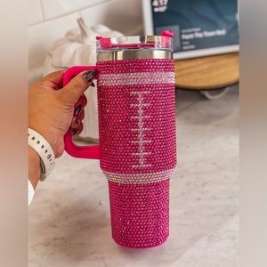 40oz pink football rhinestone tumbler cup stainless steel cold hot cup w/ handle
